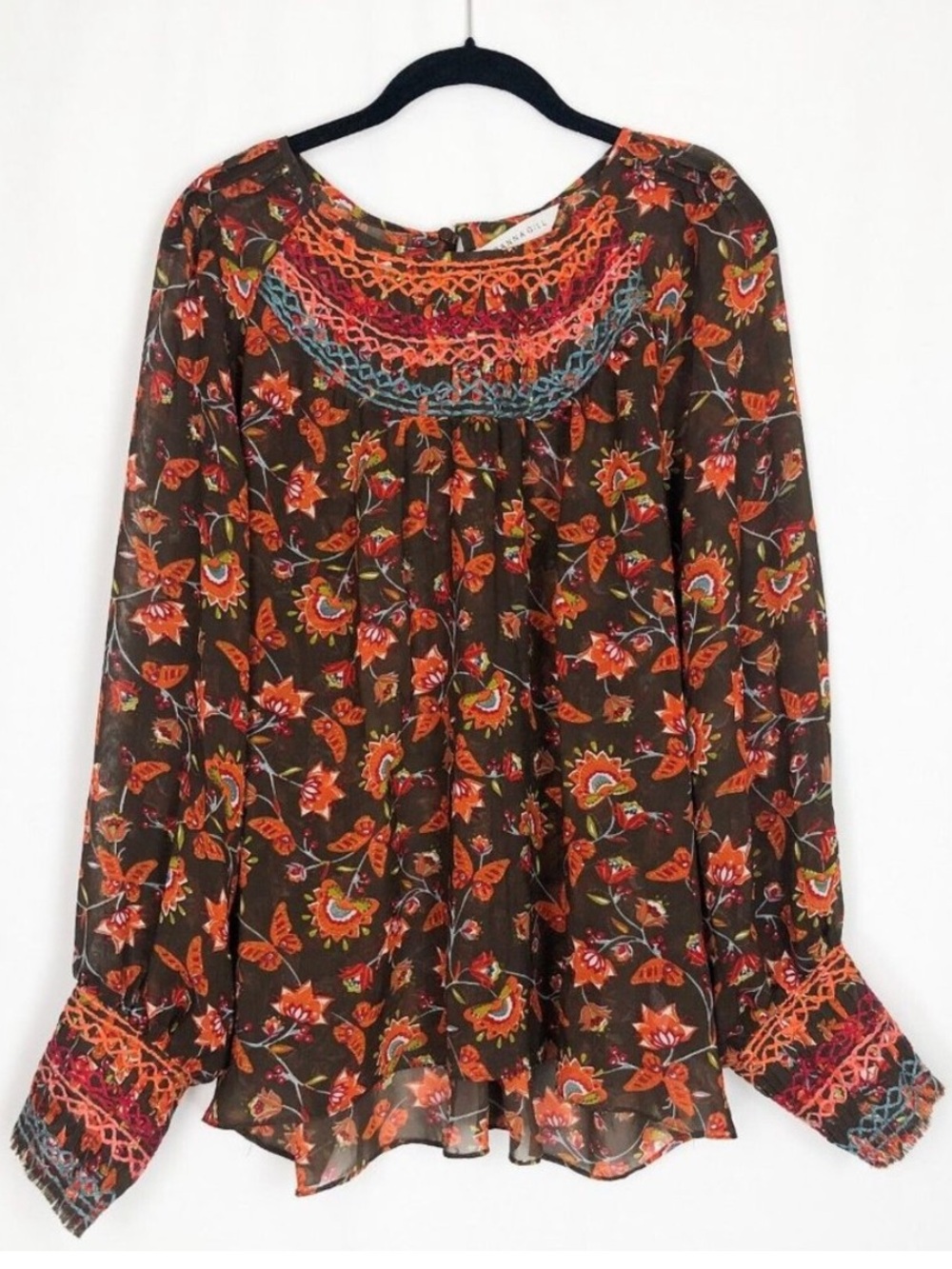 Ranna Gill Brown Floral Boho Blouse with Orange Crochet Yoke